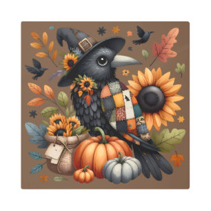 Whimsical Crow with Pumpkins and Sunflowers Metal Print