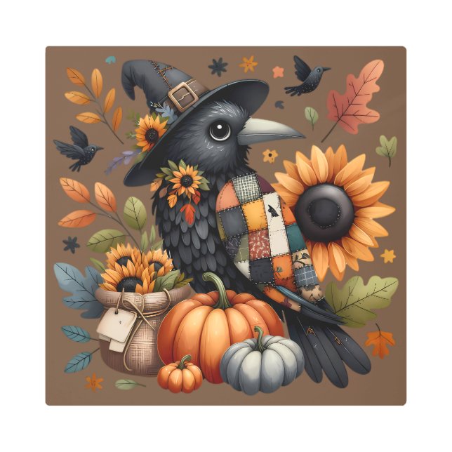Whimsical Crow with Pumpkins and Sunflowers Metal Print (Front)