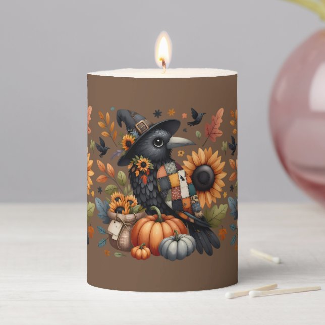 Whimsical Crow with Pumpkins and Sunflowers Pillar Candle (In Situ)
