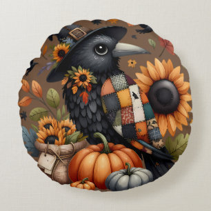 Whimsical Crow with Pumpkins and Sunflowers Round Pillow