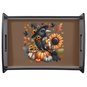 Whimsical Crow with Pumpkins and Sunflowers Serving Tray