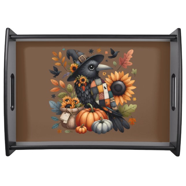 Whimsical Crow with Pumpkins and Sunflowers Serving Tray (Front)