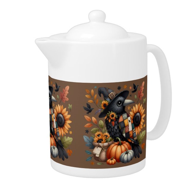Whimsical Crow with Pumpkins and Sunflowers Teapot (Right)