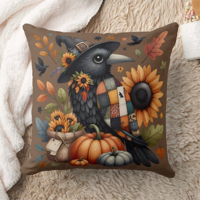 Whimsical Crow with Pumpkins and Sunflowers Throw Pillow (Blanket)