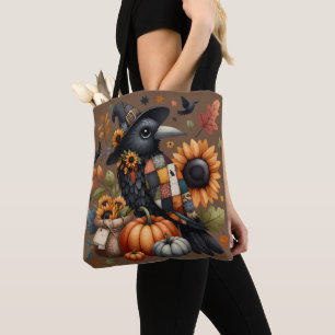 Whimsical Crow with Pumpkins and Sunflowers Tote Bag