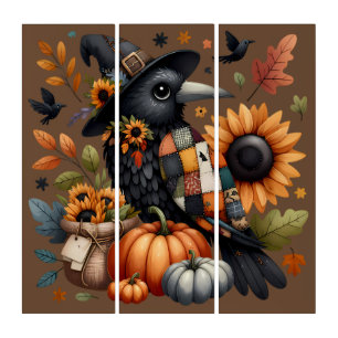 Whimsical Crow with Pumpkins and Sunflowers Triptych