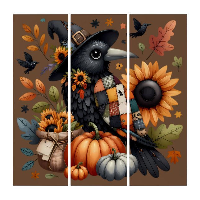 Whimsical Crow with Pumpkins and Sunflowers Triptych (Front)