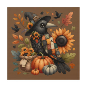 Whimsical Crow with Pumpkins and Sunflowers Wood Wall Art
