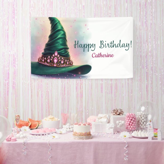 Whimsical Crown & Green Witch Hat Birthday Banner (Party)
