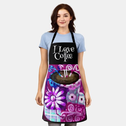 Whimsical Cup of Coffee Abstract Painting Purple  Apron