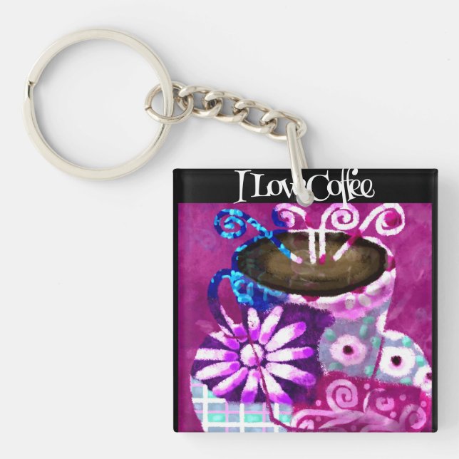 Whimsical Cup of Coffee Abstract Painting Purple Keychain (Front)