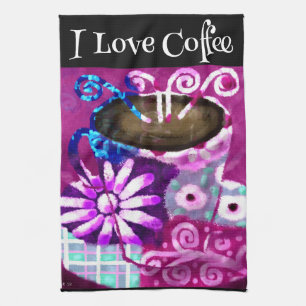 Whimsical Cup of Coffee Abstract Painting Purple Kitchen Towel