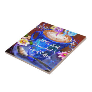 Whimsical Cup of Coffee Floral Personalized Ceramic Tile