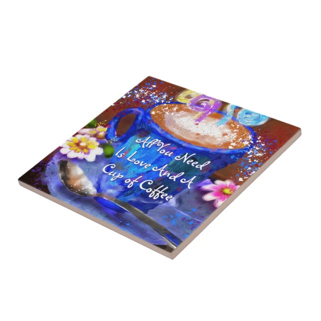 Whimsical Cup of Coffee Floral Personalized Ceramic Tile (Side)