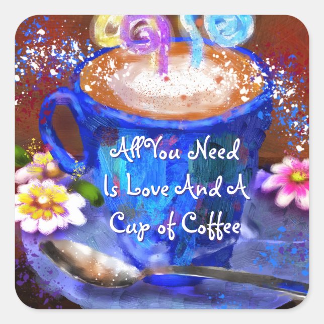 Whimsical Cup of Coffee Floral Personalized Square Sticker (Front)