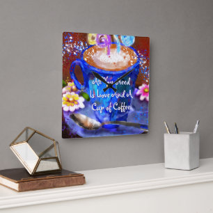 Whimsical Cup of Coffee Floral Personalized Square Wall Clock