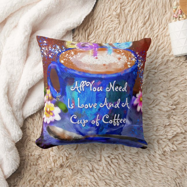Whimsical Cup of Coffee Floral Personalized Throw Pillow (Blanket)
