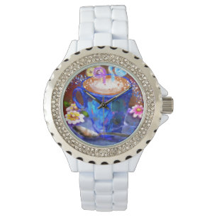 Whimsical Cup of Coffee Latte Espresso Brown Blue Watch
