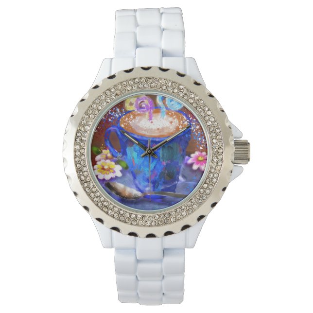Whimsical Cup of Coffee Latte Espresso Brown Blue Watch (Front)