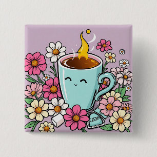 Whimsical Cup of Warm Coffee and Flowers Button