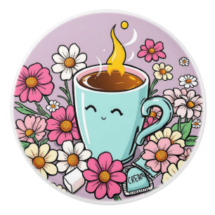 Whimsical Cup of Warm Coffee and Flowers Ceramic Knob