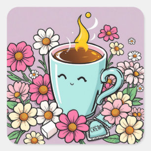 Whimsical Cup of Warm Coffee and Flowers Square Sticker