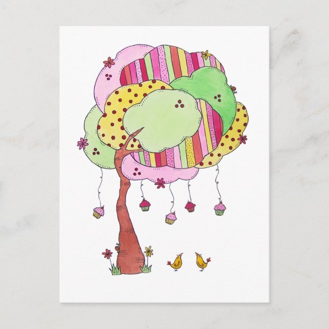 Whimsical Cupcake Tree with Sweet Birds Watercolor Postcard (Front)