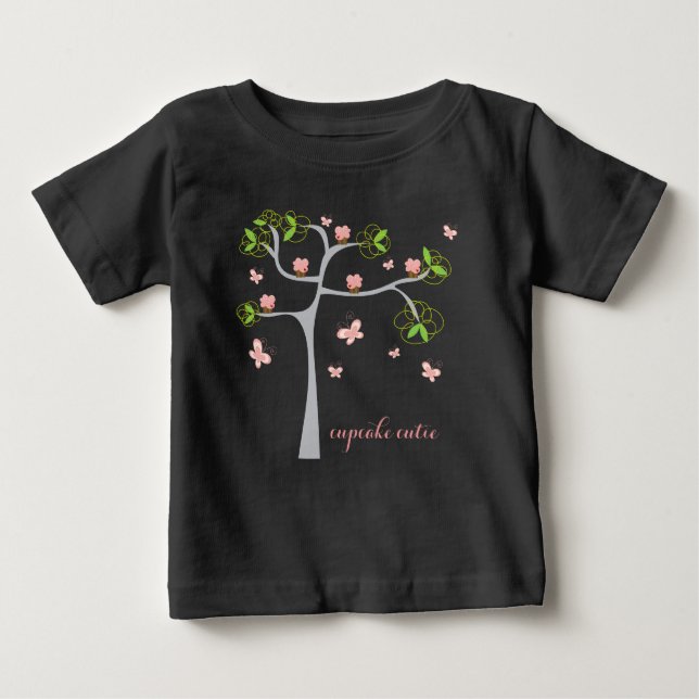 Whimsical Cupcakes Birthday Tree Butterflies Girl Baby T-Shirt (Front)