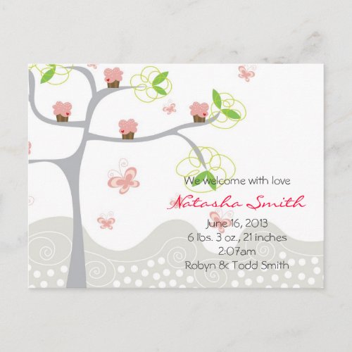 Whimsical Cupcakes Tree Butterflies Sweet Birthday Announcement Postcard