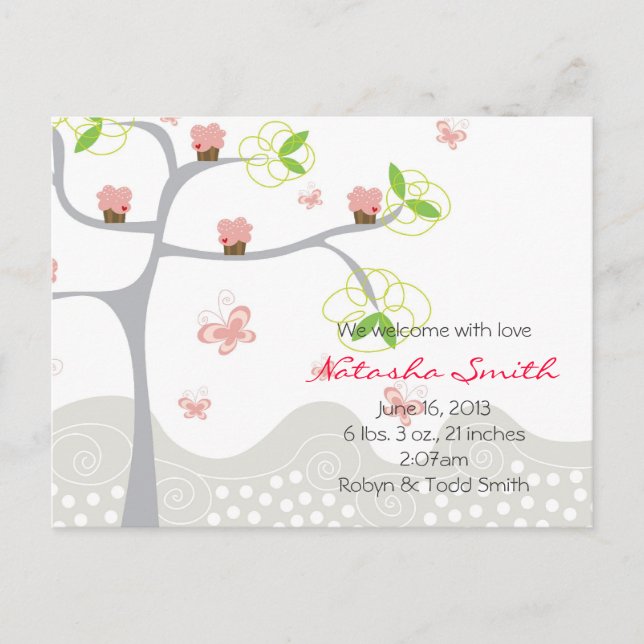 Whimsical Cupcakes Tree Butterflies Sweet Birthday Announcement Postcard (Front)