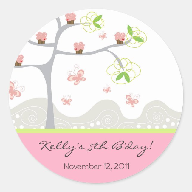 Whimsical Cupcakes Tree Butterflies Sweet Birthday Classic Round Sticker (Front)