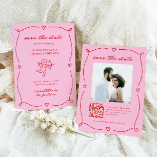 Whimsical Cupid   Pink and Red Photo and QR Code Save The Date