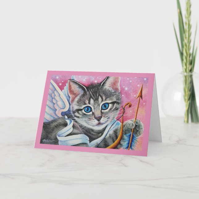 Whimsical Cupid Tabby Kitty Cat Watercolor Art Card (Front)