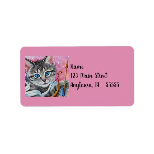 Whimsical Cupid Tabby Kitty Cat Watercolor Art Label