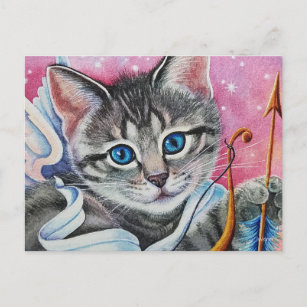 Whimsical Cupid Tabby Kitty Cat Watercolor Art Postcard