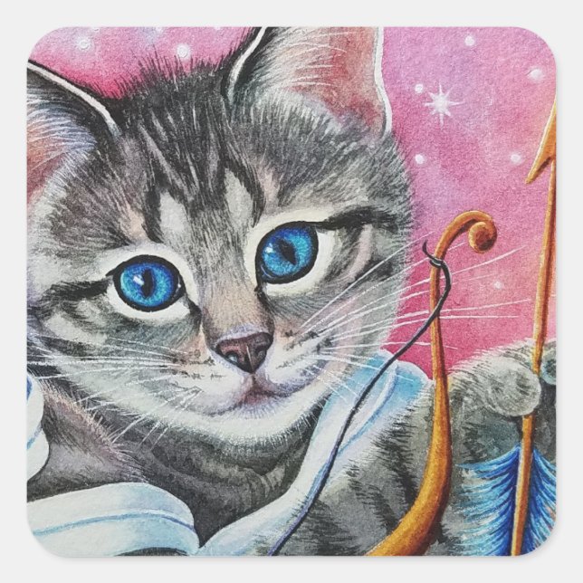 Whimsical Cupid Tabby Kitty Cat Watercolor Art Square Sticker (Front)