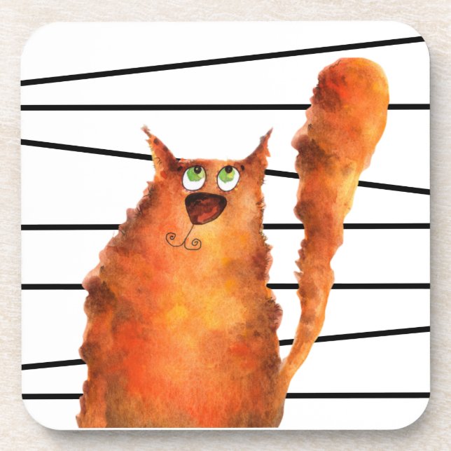 Whimsical Curious Cat on Stripes Pattern Beverage Coaster (Front)