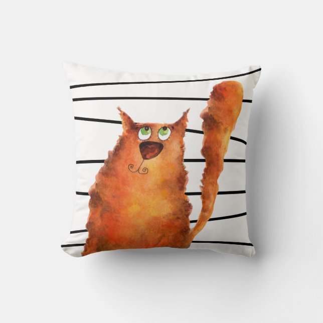 Whimsical Curious Cat on Stripes Pattern Throw Pillow (Front)