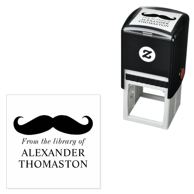 Whimsical Curly Mustache Silhouette Library Book Self-inking Stamp (In Situ)