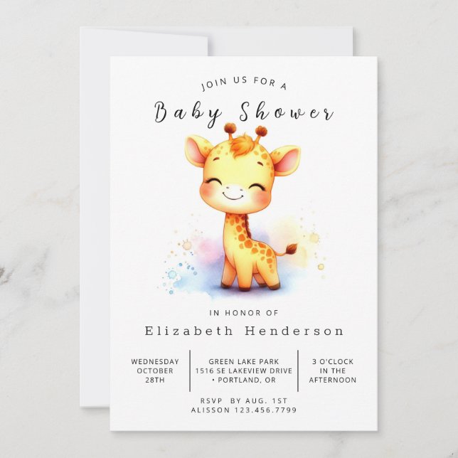 Whimsical Custom Giraffe Baby Shower Invitation (Front)