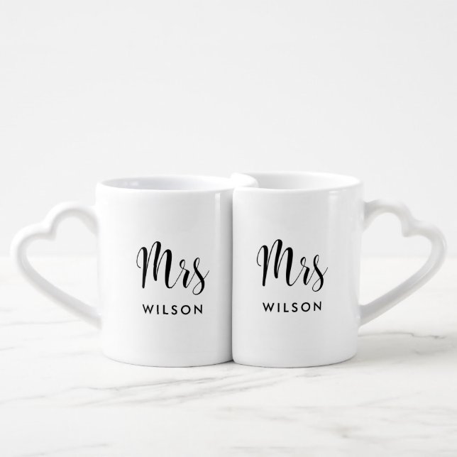 Whimsical custom Mrs and Mrs Coffee Mug Set (Front Nesting)