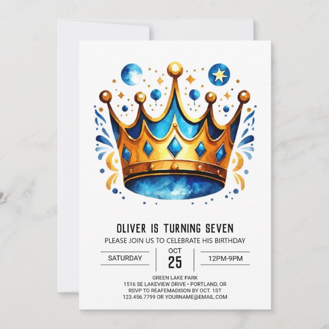 Whimsical Custom Prince Crown Birthday Invitation (Front)