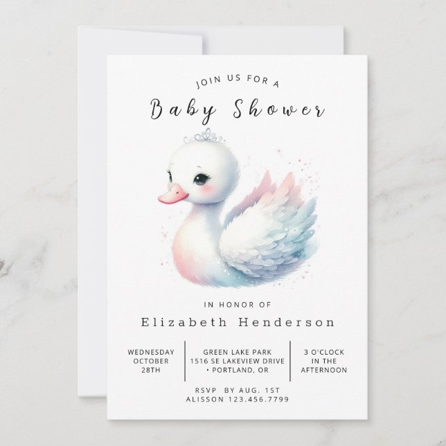 Whimsical Custom Swan Baby Shower Invitation (Front)