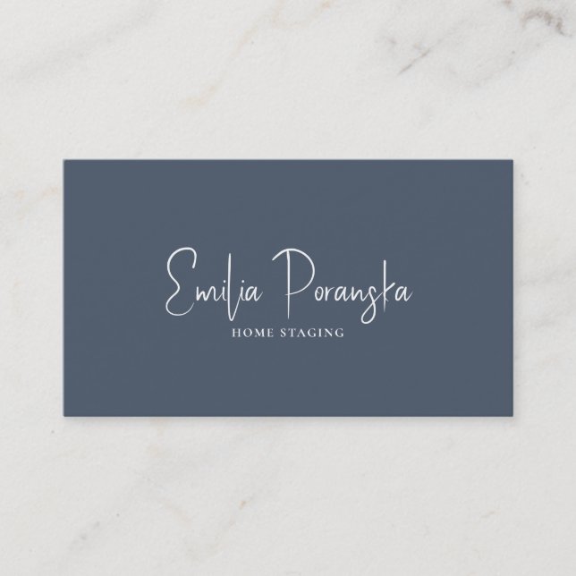 Whimsical custom white typography on blue-gray business card (Front)