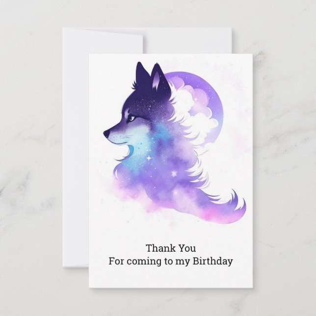 Whimsical Custom Woodland Wolf Birthday Thank You Card (Front)