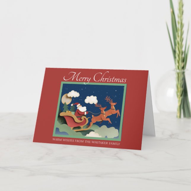 Whimsical cut paper Christmas card featuring Santa (Front)