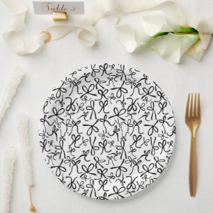 Whimsical Cute B&W Bows Pattern Bridal Shower Paper Plates