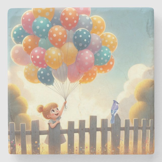 Whimsical/cute balloon girl art stone coaster (Front)