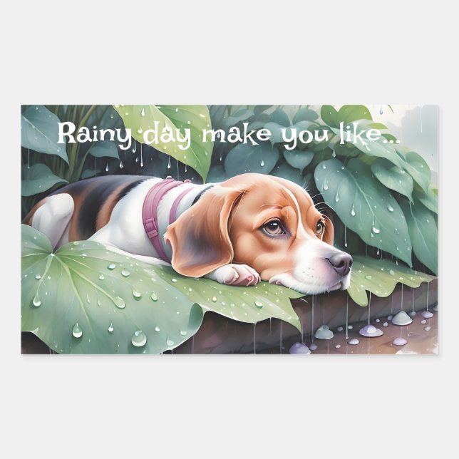 Whimsical Cute Beagle Rainy Day Green Botanical Rectangular Sticker (Front)