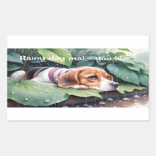 Whimsical Cute Beagle Rainy Day Green Botanical Rectangular Sticker